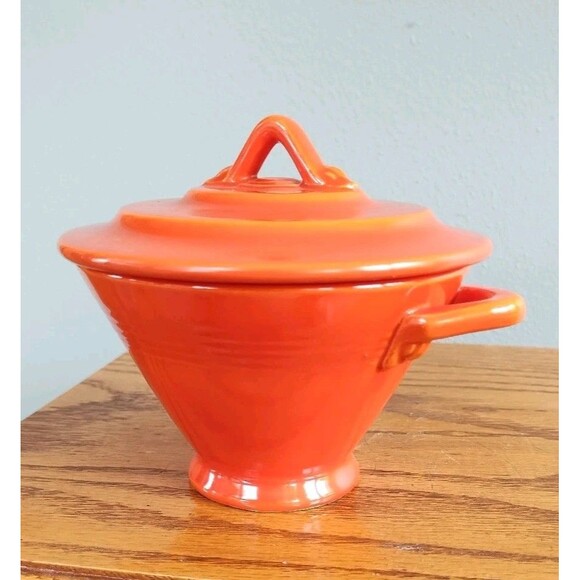 Vintage Homer Laughlin Harlequin Sugar Bowl W/Lid & Creamer Set Red Art Deco - Picture 5 of 16